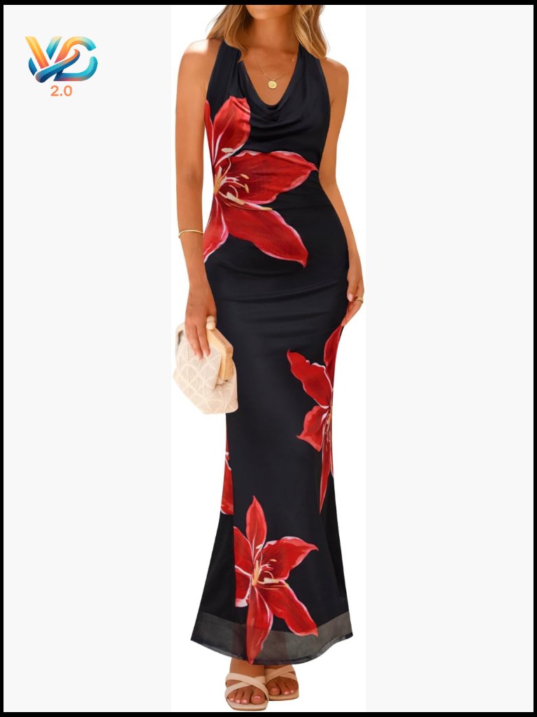 Halter Neck Floral Print Sleeveless Bodycon Maxi Dress Summer Wedding Guest